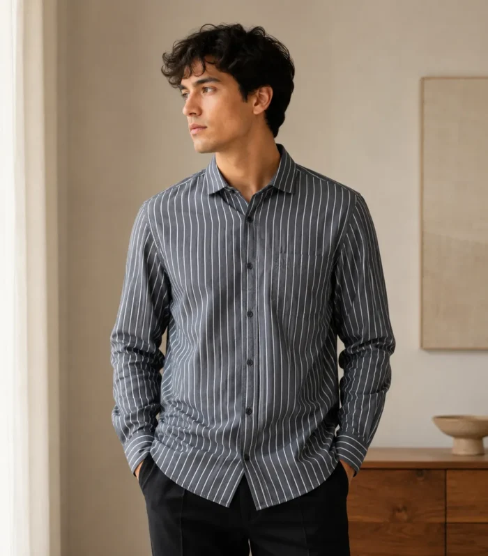 Charcoal Grey Striped Shirt for Men