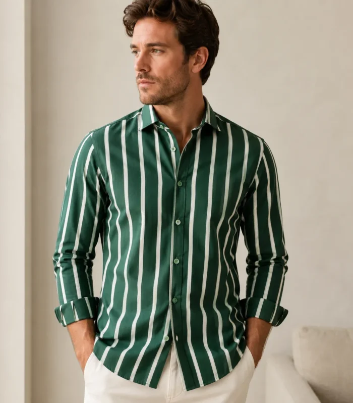 Full Sleeve Striped Green Casual Shirt for Men's