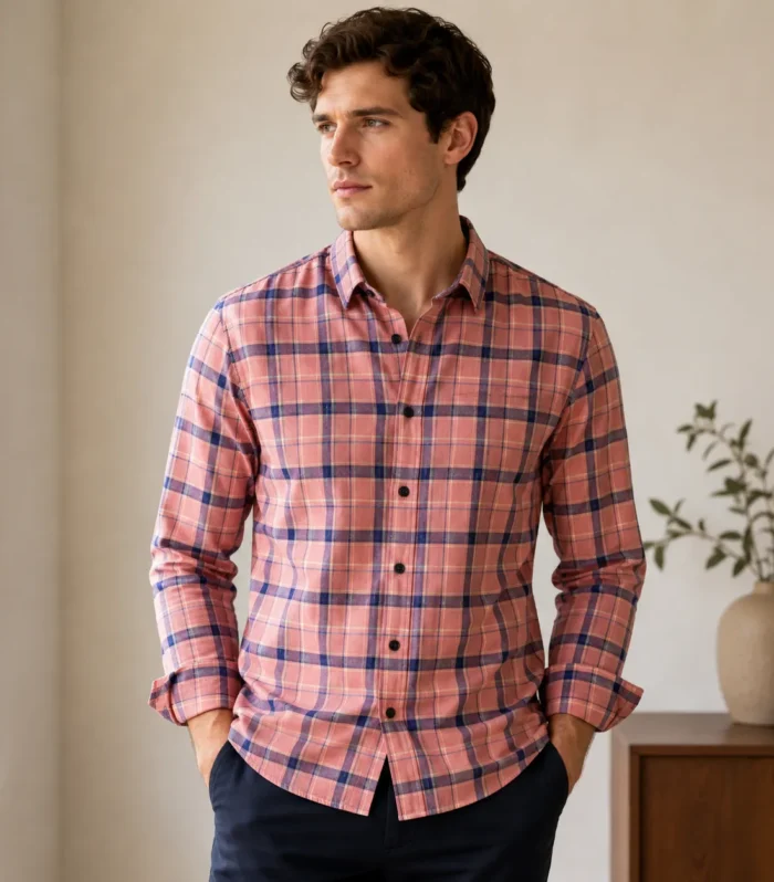 Men’s Peach & Navy Checked Shirt